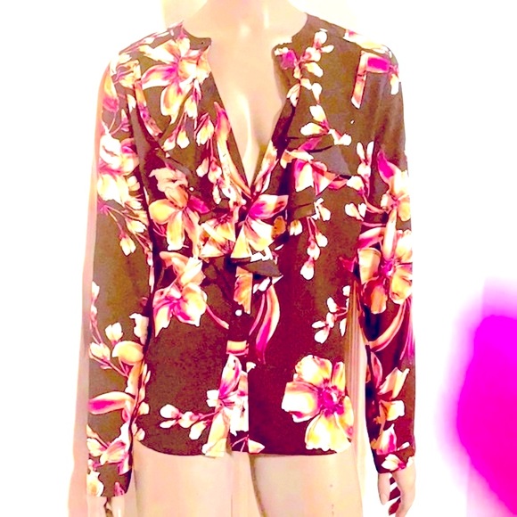 NWT KARL LAGERFELD PARIS RUFFLE Floral Blouse Sz M - Picture 2 of 5